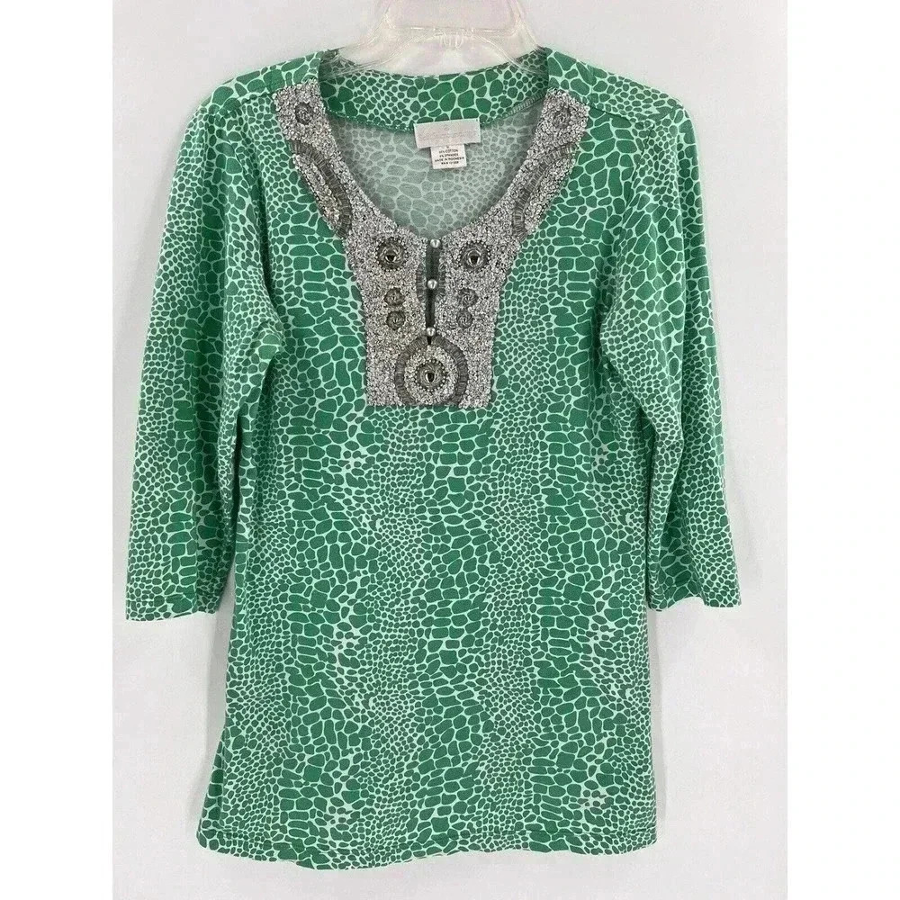 Soft Surroundings Womens Tunic Blouse Silver Sequins Size Medium Green White